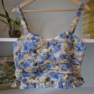 NWT Bog Collective Women's Floral Crop Top Blue Yellow Size Large Coquette Boho